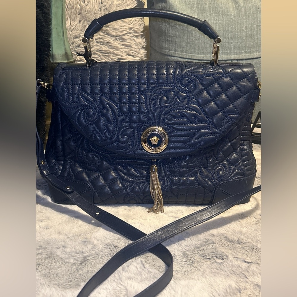 Versace Barocco Embroidered Altea Vanitas Dark Blue Leather Satchel Bag